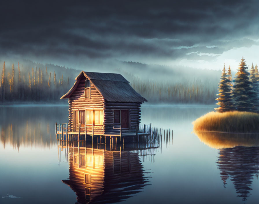 Tranquil wooden cabin on calm lake at twilight