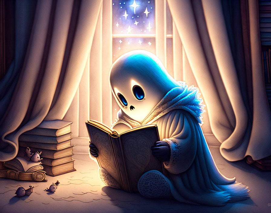 Cartoon ghost reading book by window with mice and star-like lights