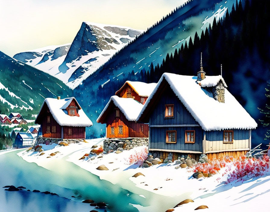 Snow-covered houses in serene mountainous landscape - vibrant watercolor painting