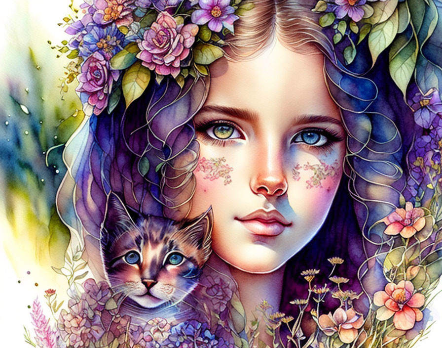 Colorful girl with floral wreath and cat illustration.