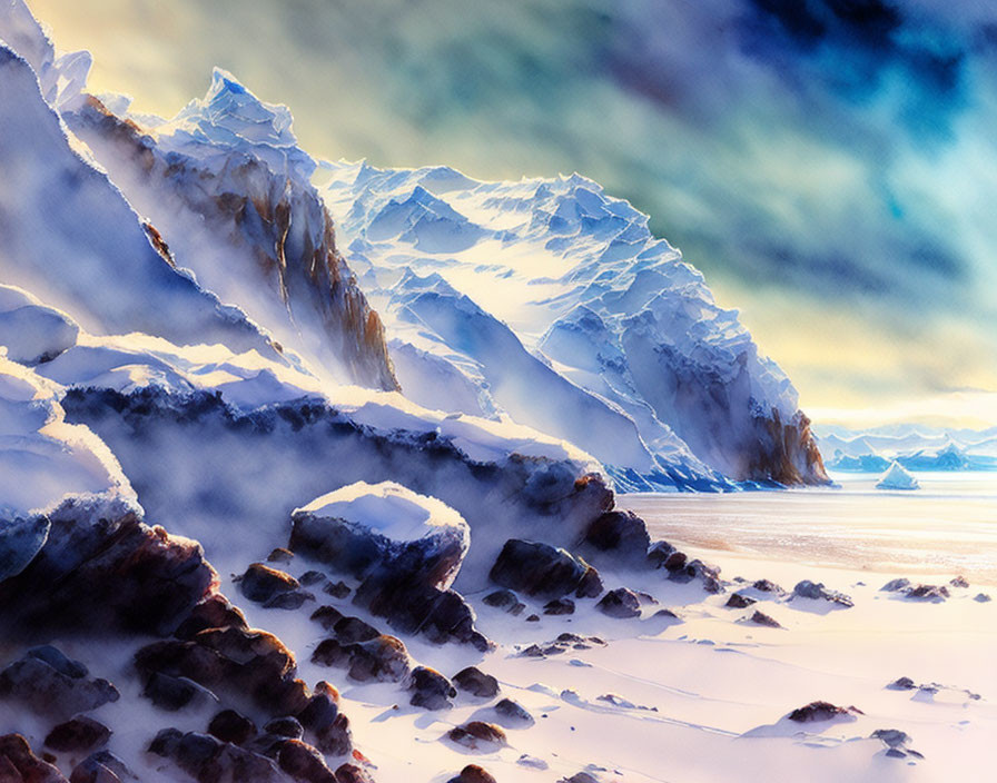 Snow-covered icy landscape with towering glaciers in watercolor art