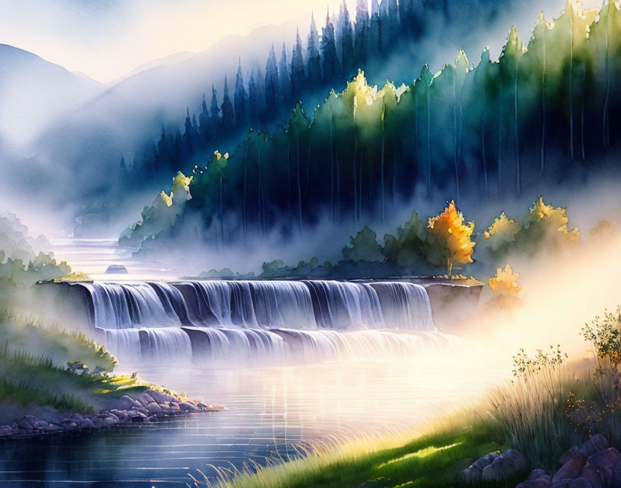 Tranquil riverside landscape with misty waterfall