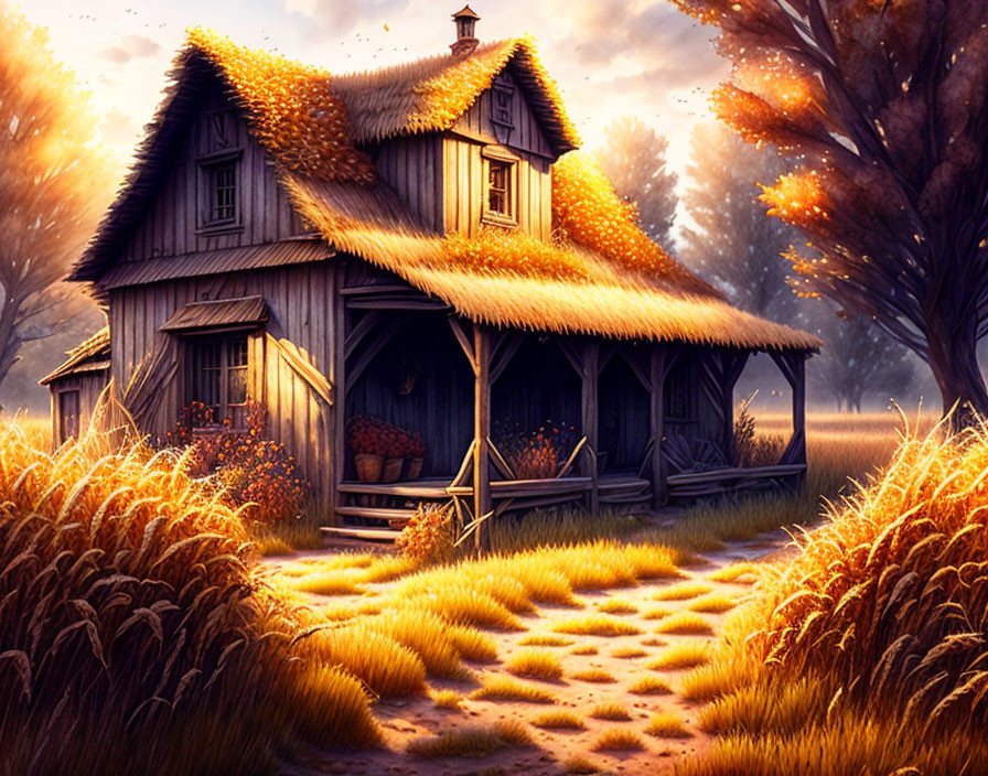 Thatched roof wooden cottage in golden autumn field