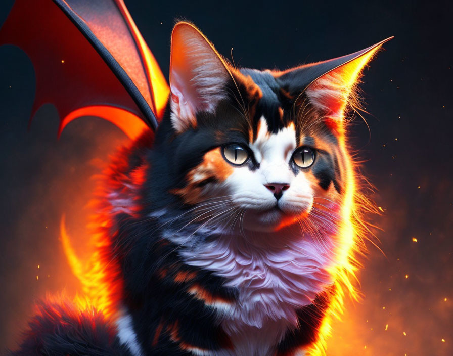 Fantasy cat with dragon wings and horns in fiery setting