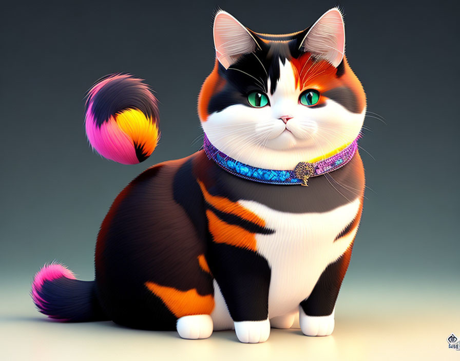 Colorful Stylized Short-Haired Cat with Green Eyes and Purple Collar