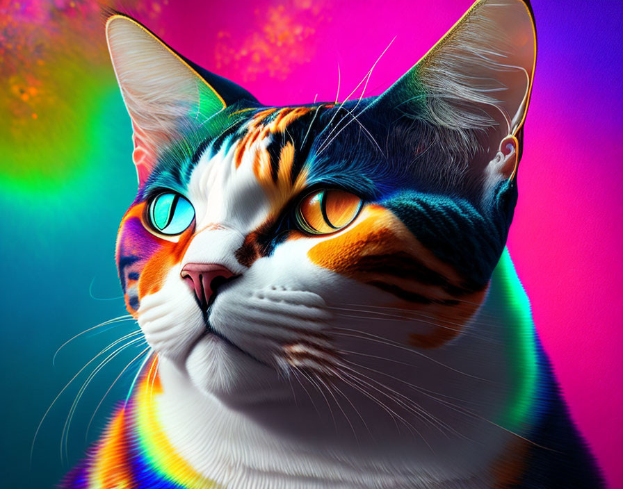 Colorful cat portrait with intense blue eyes on vibrant multicolored background