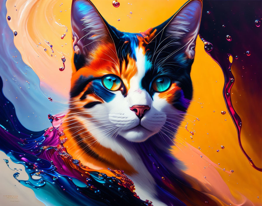 Colorful Painting of Cat with Striking Blue Eyes in Orange, Purple, and Blue Hues