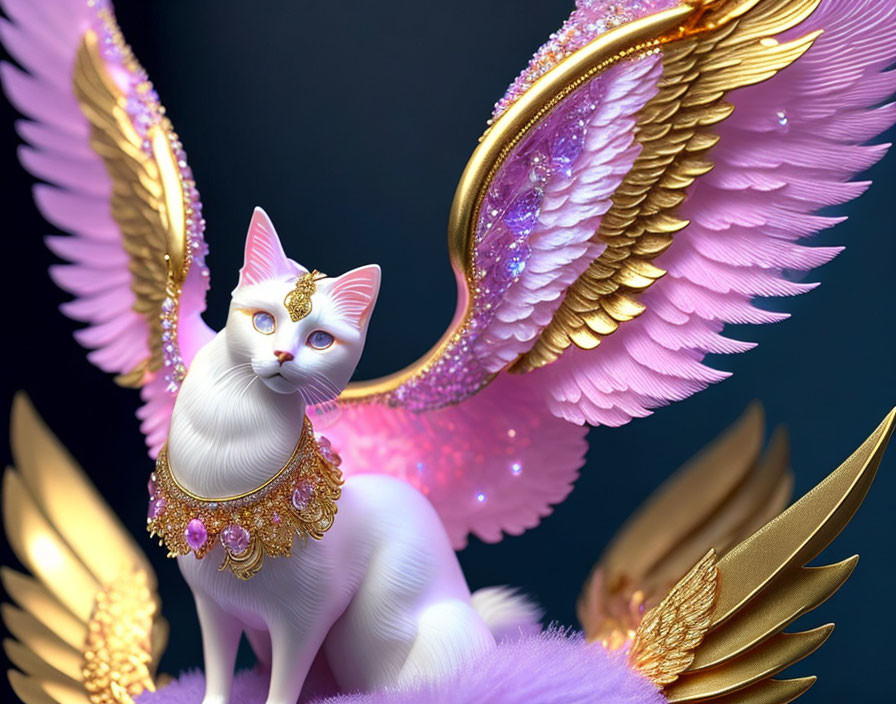 White Cat with Pink Wings and Golden Jewelry on Dark Background