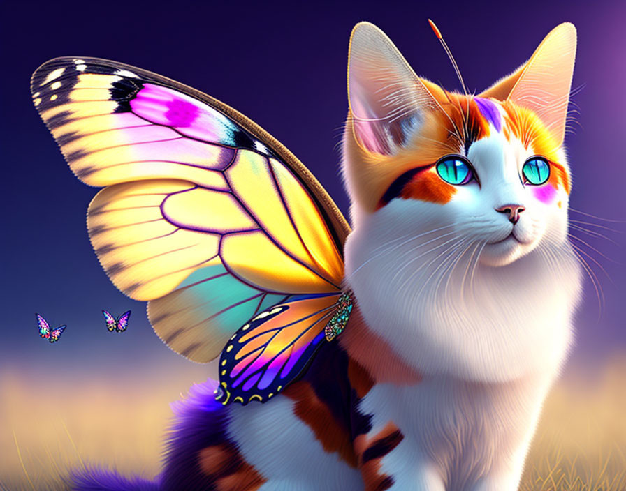 Colorful Butterfly-Winged Cat on Purple Background