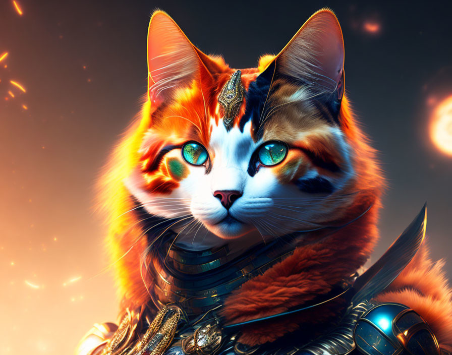 Regal cat in fantasy armor with orange and white fur on fiery background