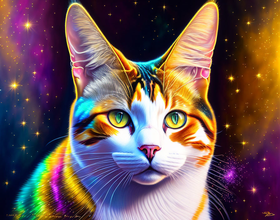 Colorful Cosmic Cat Illustration with Star-Filled Background