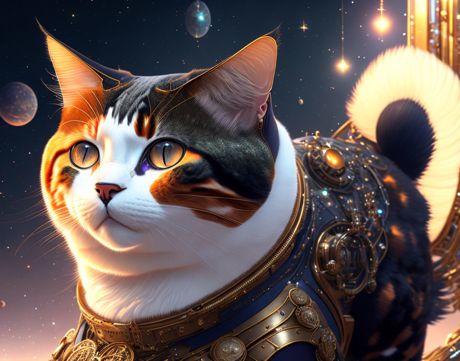 Majestic cat in golden armor against cosmic backdrop