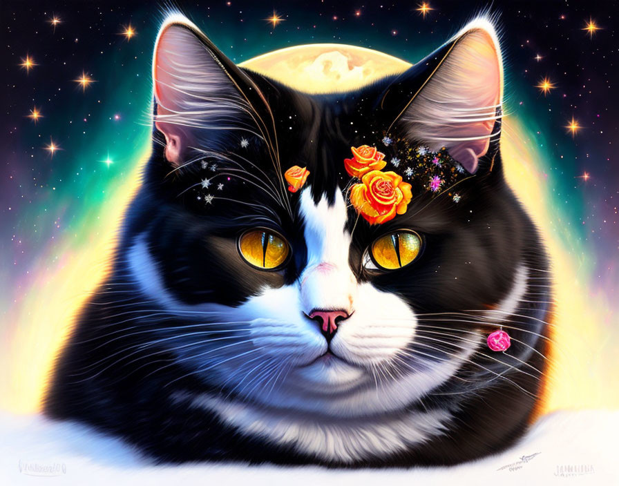 Whimsical black and white cat painting with yellow eyes, orange roses, stars, cosmic backdrop