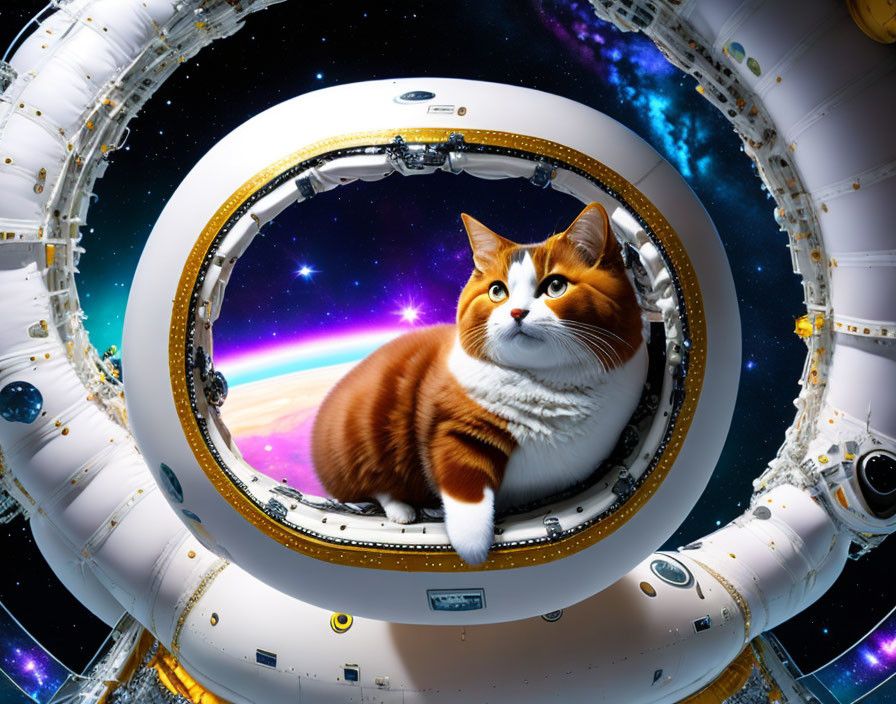 Cat in spacecraft window with cosmic background: whimsical space scene