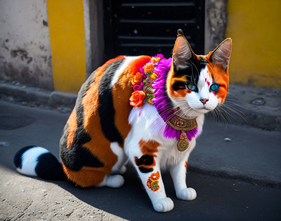 Colorful Cat with Blue Eyes Surrounded by Flowers and Jewelry on Yellow Wall Street