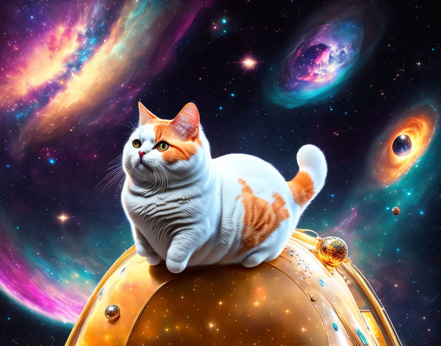 Cat with unique markings on gold structure in colorful cosmic scene