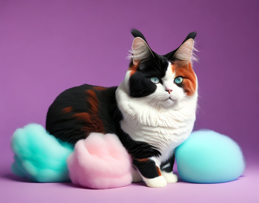 Colorful cat with blue eyes beside pastel eggs on purple background