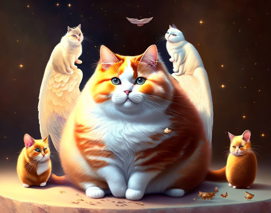 Whimsical digital artwork of majestic orange cat with wings surrounded by smaller cats