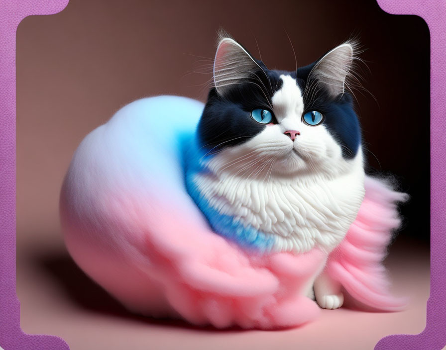 Fluffy black and white cat with blue eyes and colorful tail