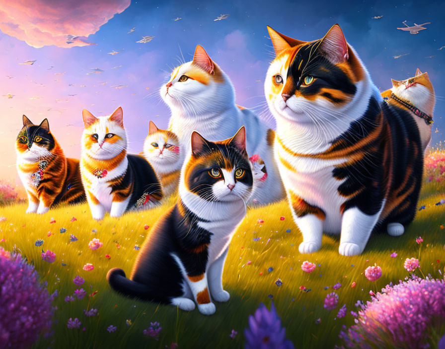 Vibrant Illustration: Five Colorful Cats in Flower Field at Twilight