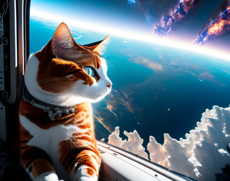 Cat in space shuttle observing Earth's horizon and space.