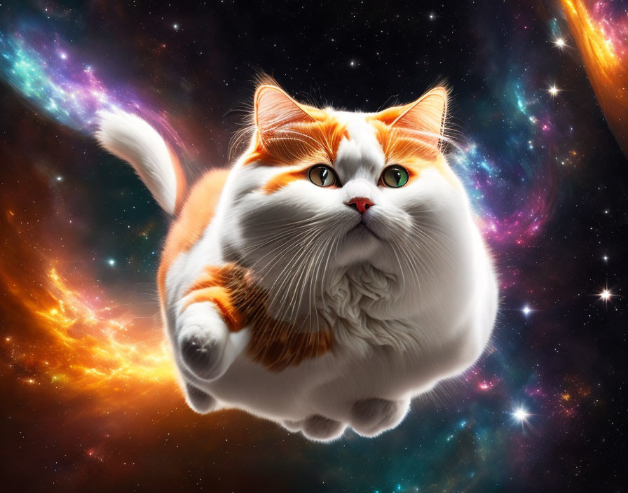 Fluffy white and orange cat with green eyes in cosmic setting