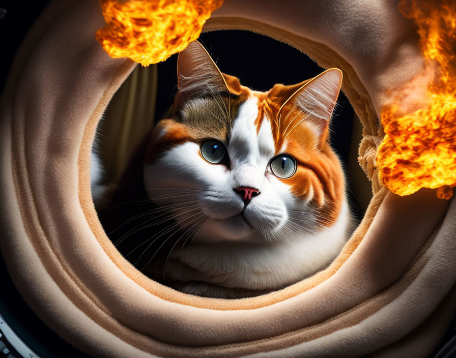 Striking-eyed cat peers through fiery circle in surreal scene