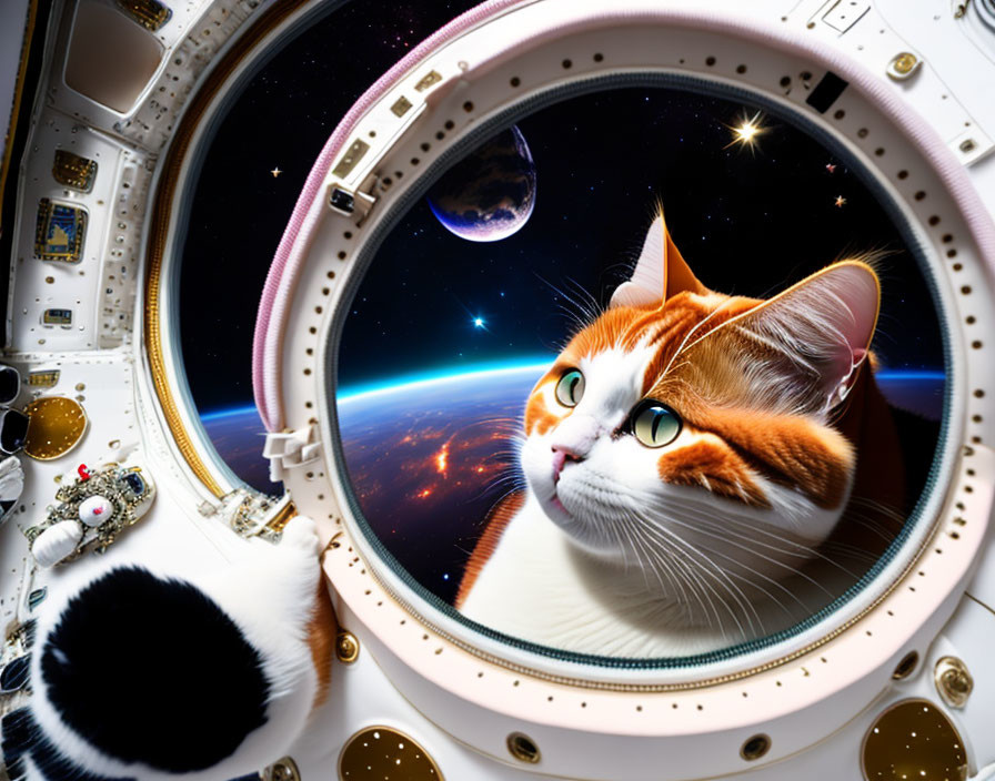 Cat in spaceship gazes at Earth through porthole