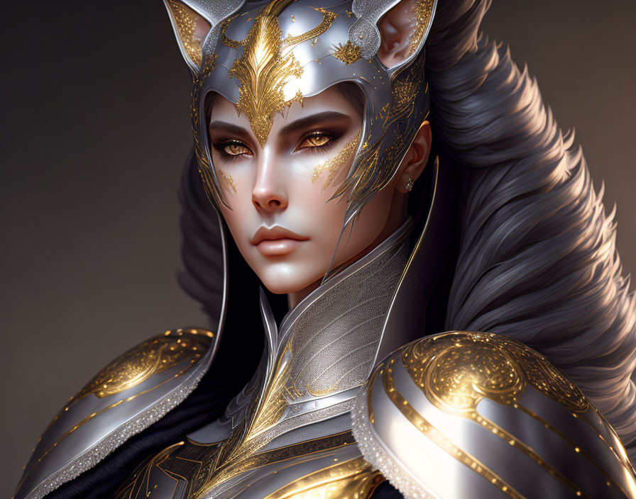 Digital portrait of woman in fantasy armor with wolf-themed helmet and intricate silver & gold designs