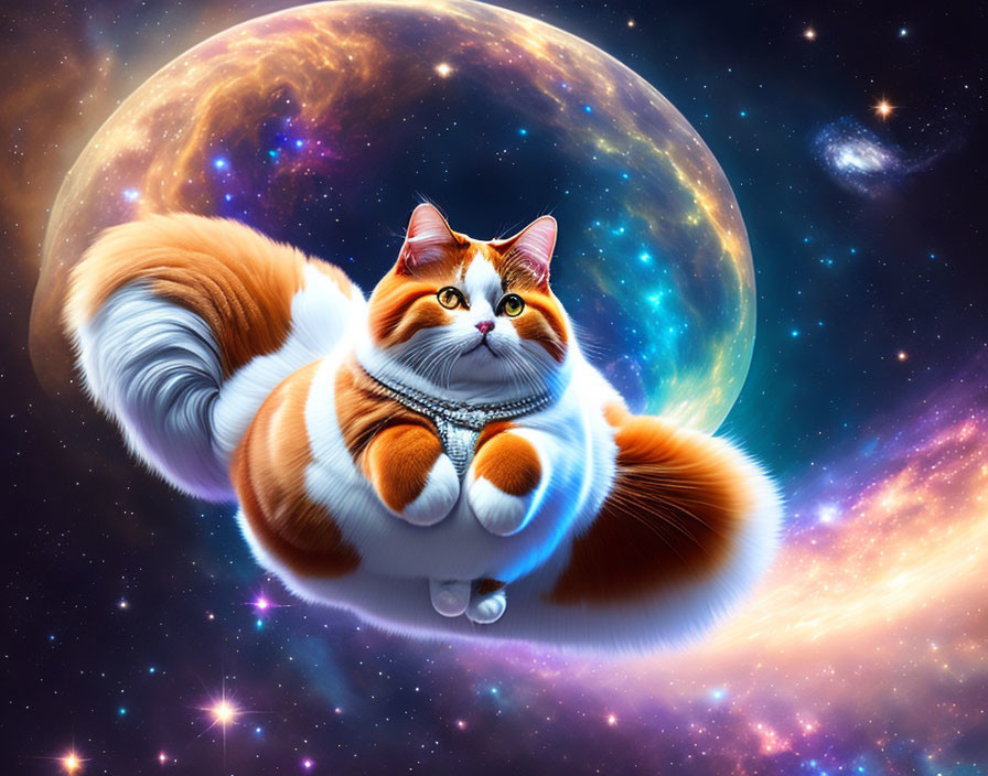 Oversized fluffy cat in space with shiny necklace