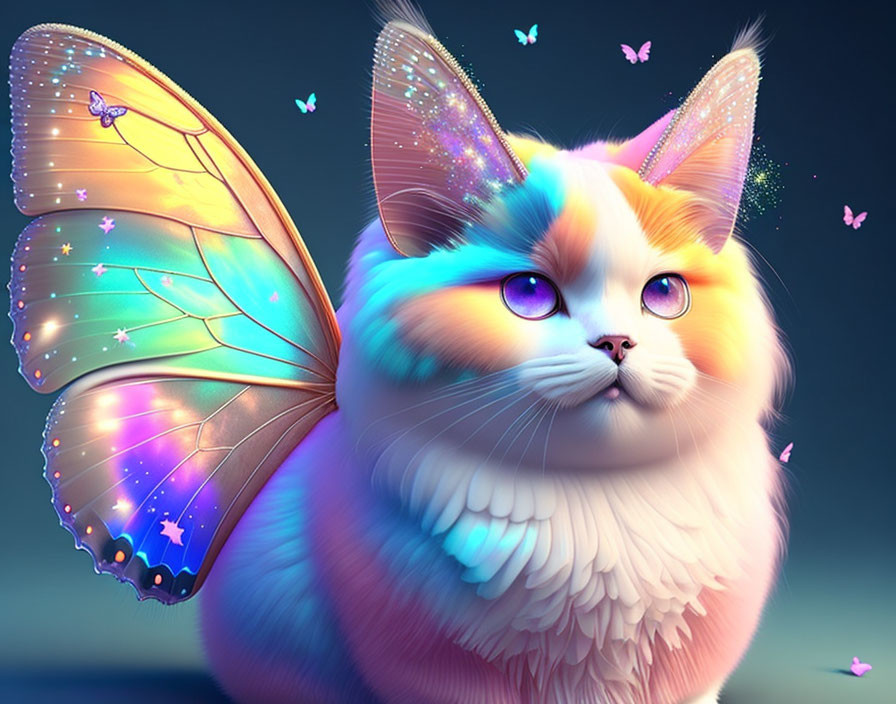 Colorful Cat with Butterfly Wings and Sparkling Stars on Blue Background