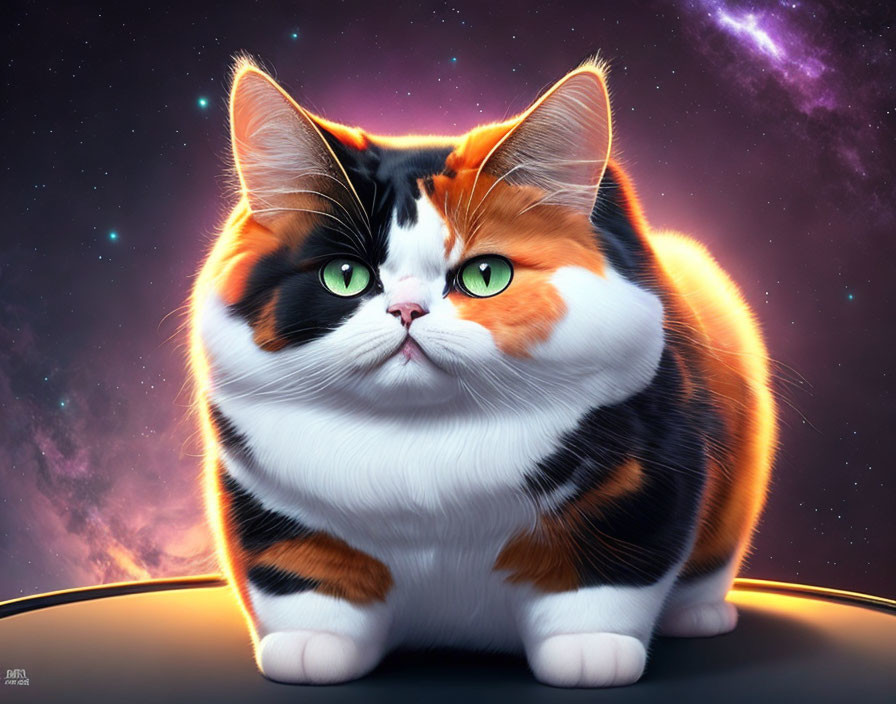 Stylized cartoon cat with green eyes on cosmic purple background