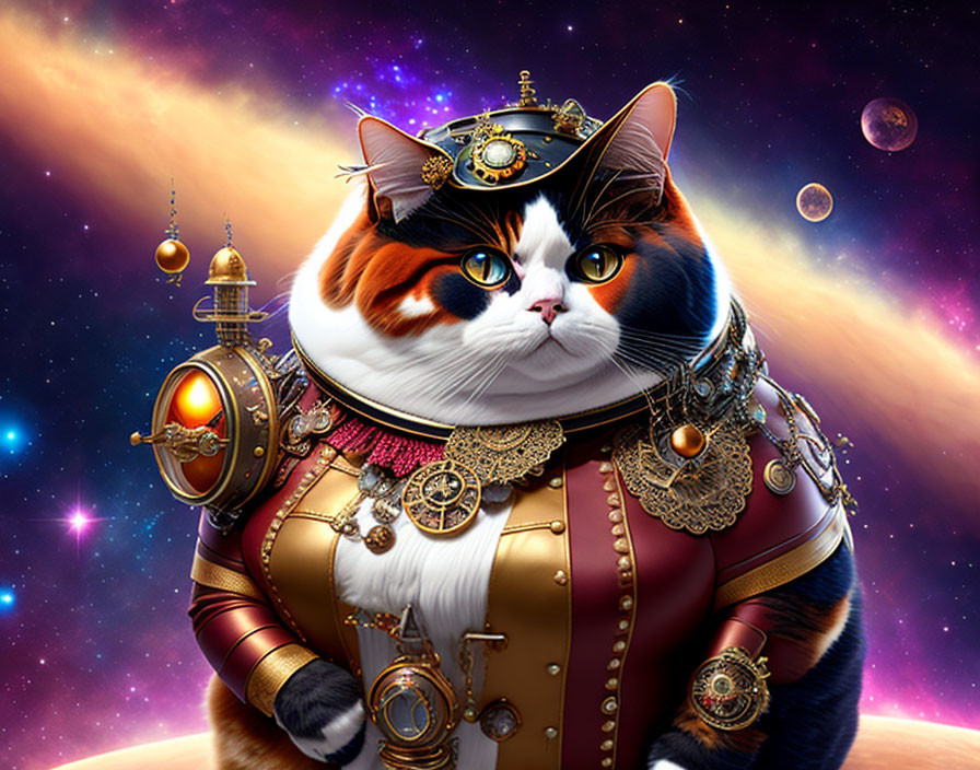 Whimsical steampunk cat in cosmic setting