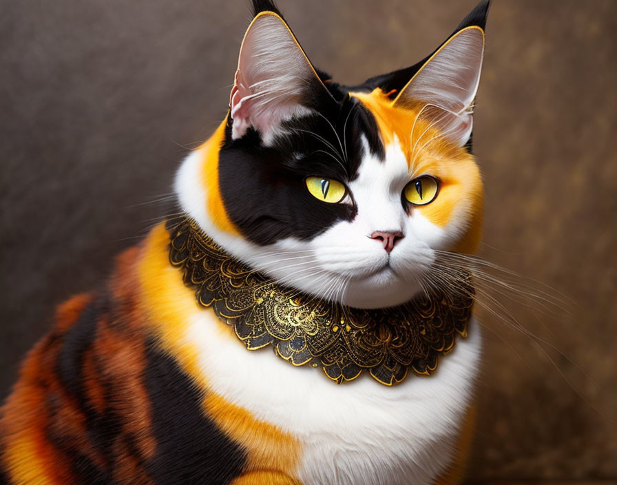 Striking black and orange fur cat with golden collar and yellow eyes