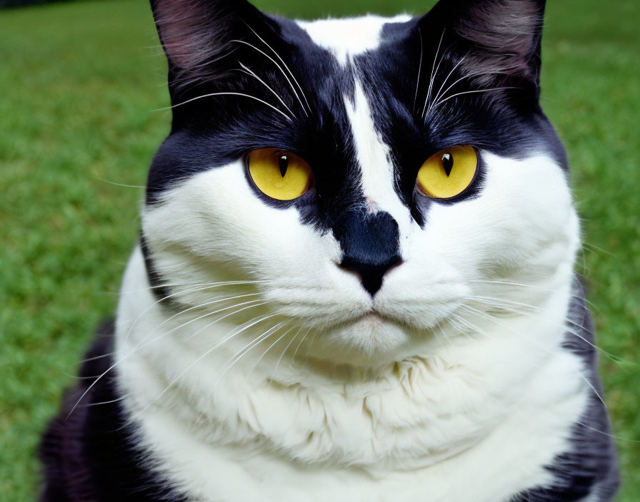 Black and White Cat with Yellow Eyes and Unique Fur Pattern on Green Grass