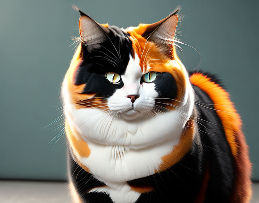 Tricolor Cat with Green Eyes and Striped Tail on Grey Background