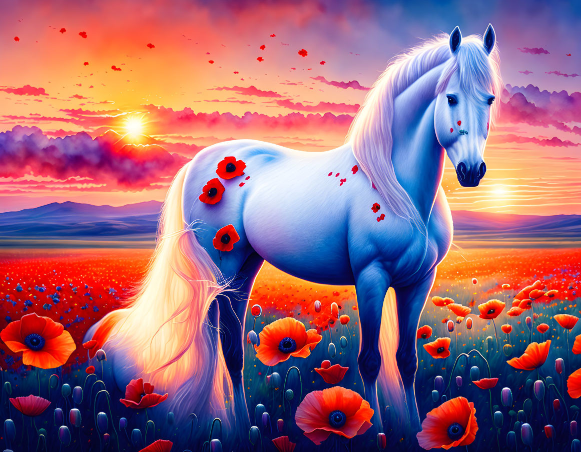 White Horse in Field of Red Poppies at Sunset Sky