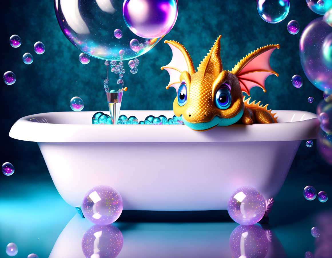 Cartoon dragon with orange skin and pink wings in white bathtub surrounded by bubbles on blue background