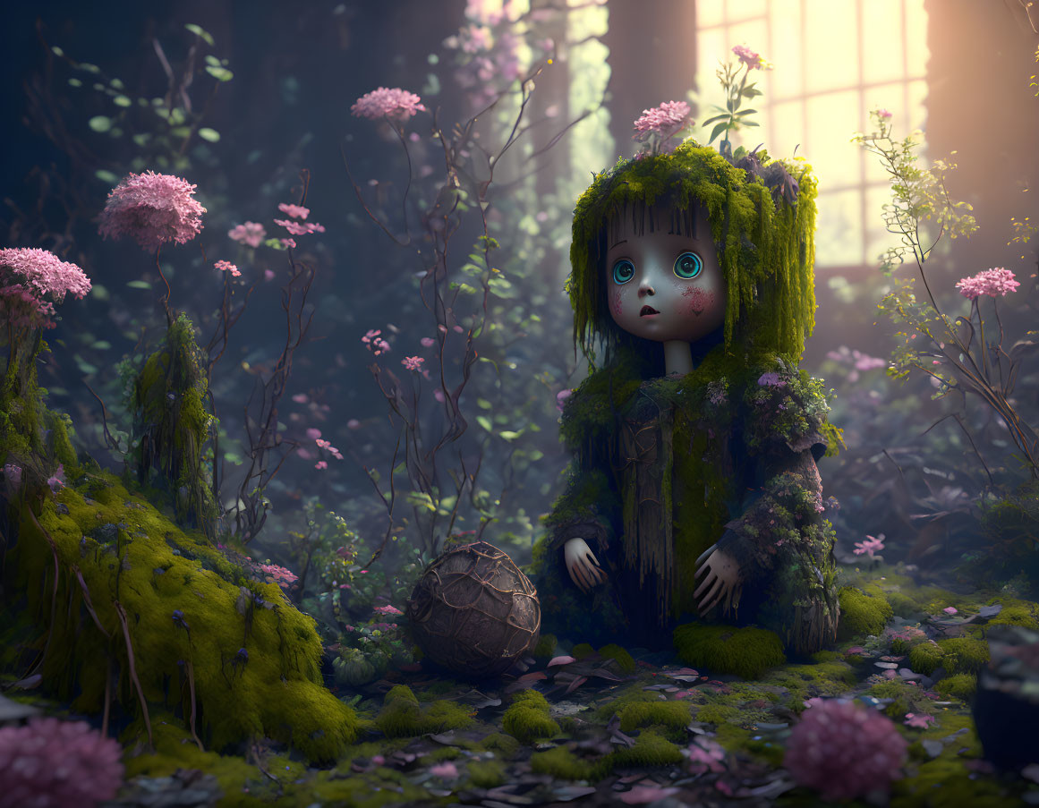 Moss-Covered Doll with Green Eyes in Mystical Forest Scene