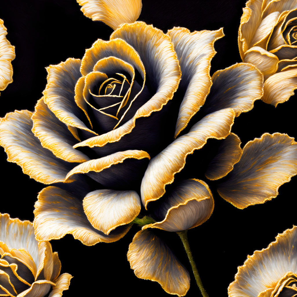 Blue roses with gold-edged petals on dark background: Luxurious floral art