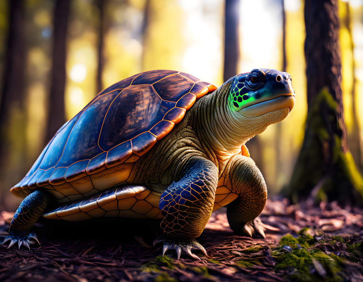 Colorful Tortoise with Glossy Shell on Forest Floor Amidst Sunlit Trees