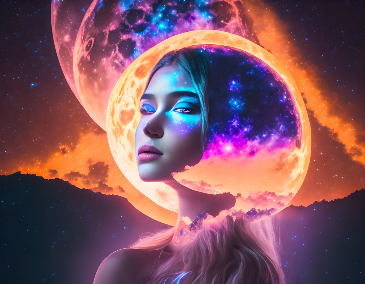 Surreal portrait of a woman with cosmic planets for eyes and vivid colors, against starry sky