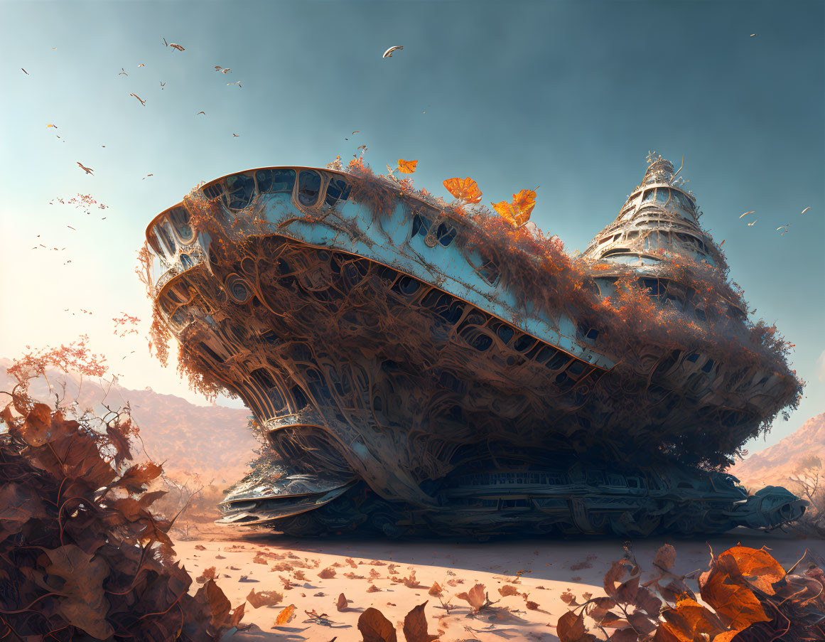 Abandoned rusted spaceship in overgrown landscape with orange foliage