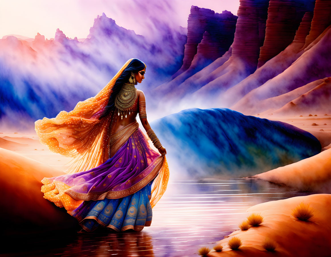 Traditional Indian Attire Woman Walking by Reflective Water