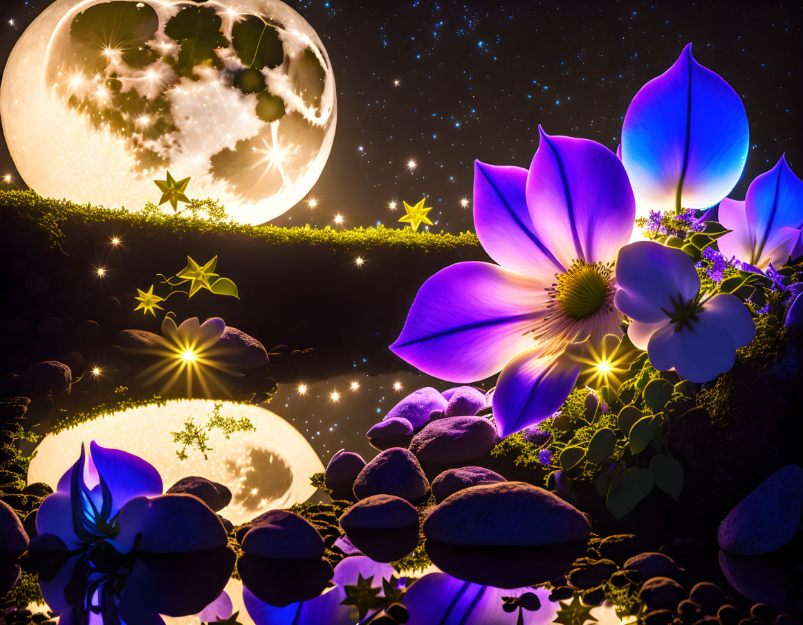 Fantasy nightscape with vibrant purple flowers, full moon, and glowing stars