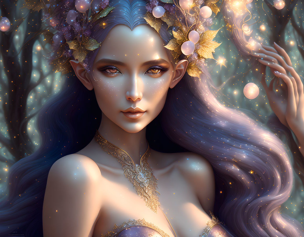 Mystical elf with flowing hair and radiant crown in starry aura