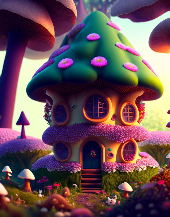 Colorful Mushroom House in Fairy-Tale Setting with Oversized Mushrooms