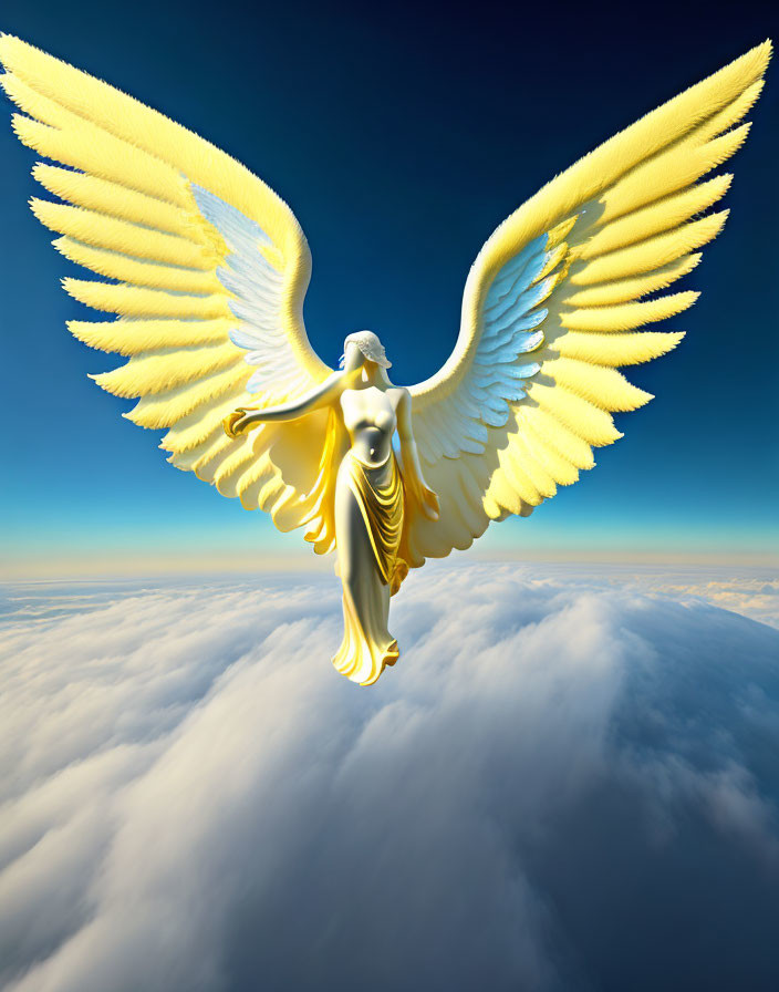 Golden-winged angel soaring above vivid blue sky