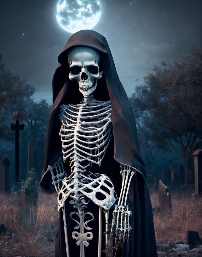 Moonlit graveyard scene with skeletal figure in black cloak