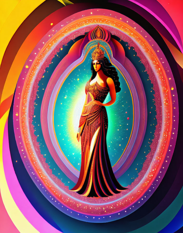 Colorful digital artwork of ethereal woman in regal attire with rainbow rings.